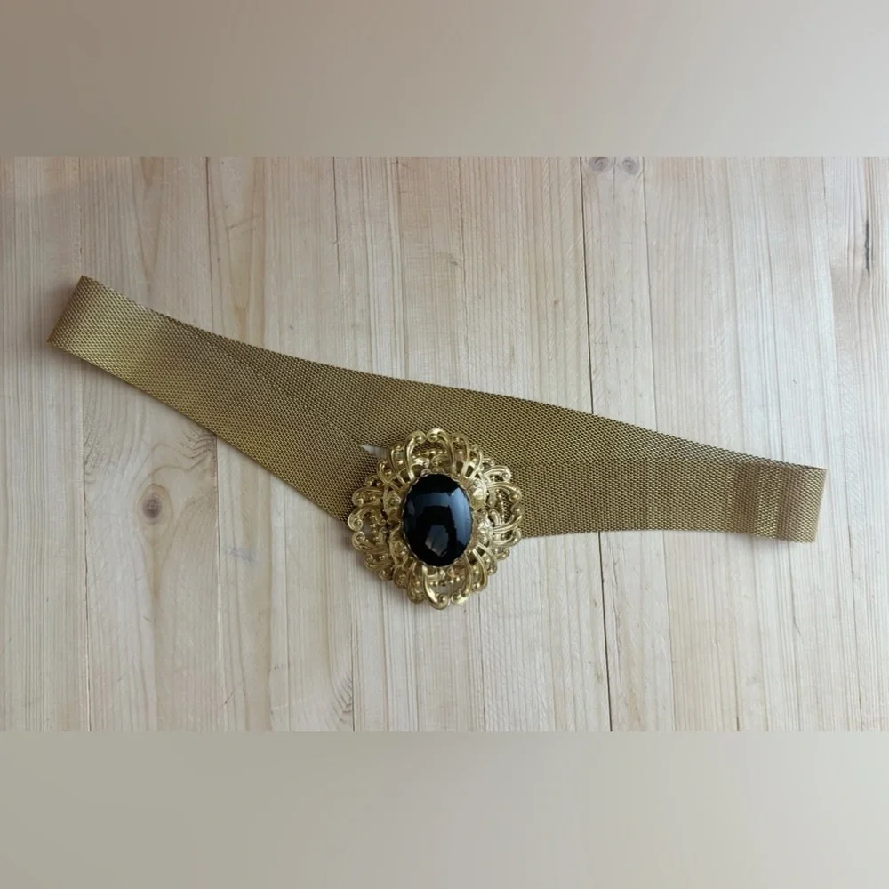 Miriam Haskell Vintage Gold Mesh Belt Black Gem Statement 80s Glam 26”